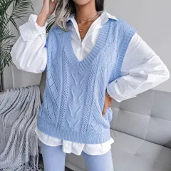 European And American Hollowed Out Twist V-neck Knitted Vest Sweater - Blue - View 1