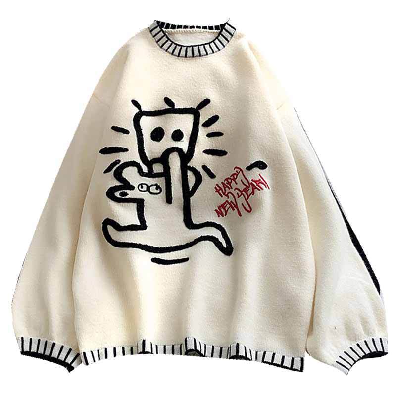 Round Neck Cartoon Pattern Knit Sweater