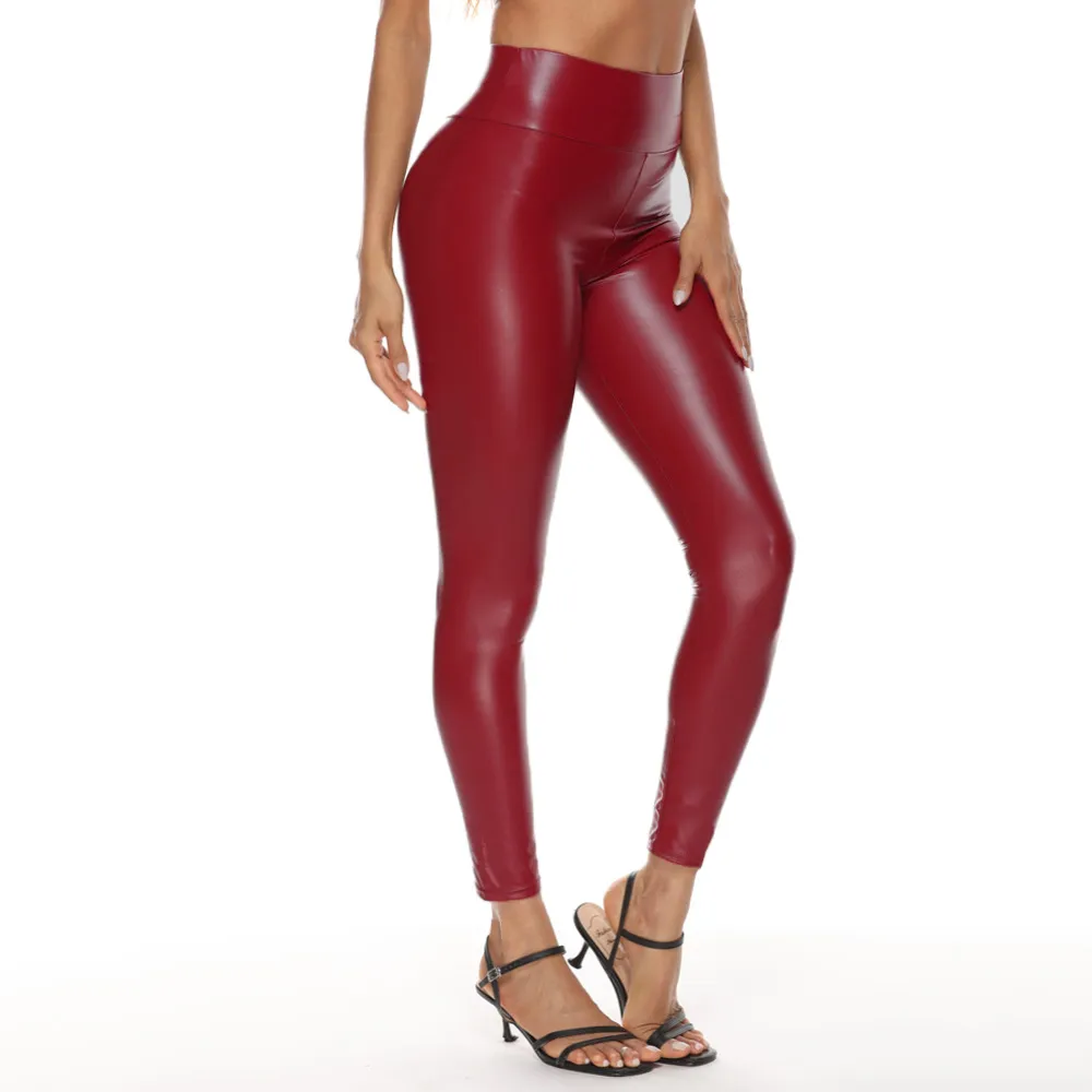 New Multicolor Leather Pants For Women With High Waist And Hips - Wine Red Light
