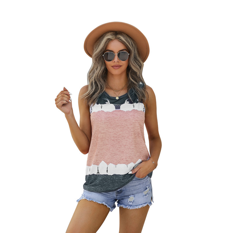 Contrasting Color Casual Vest Women Loose Round Neck Sleeveless Bottoming Top