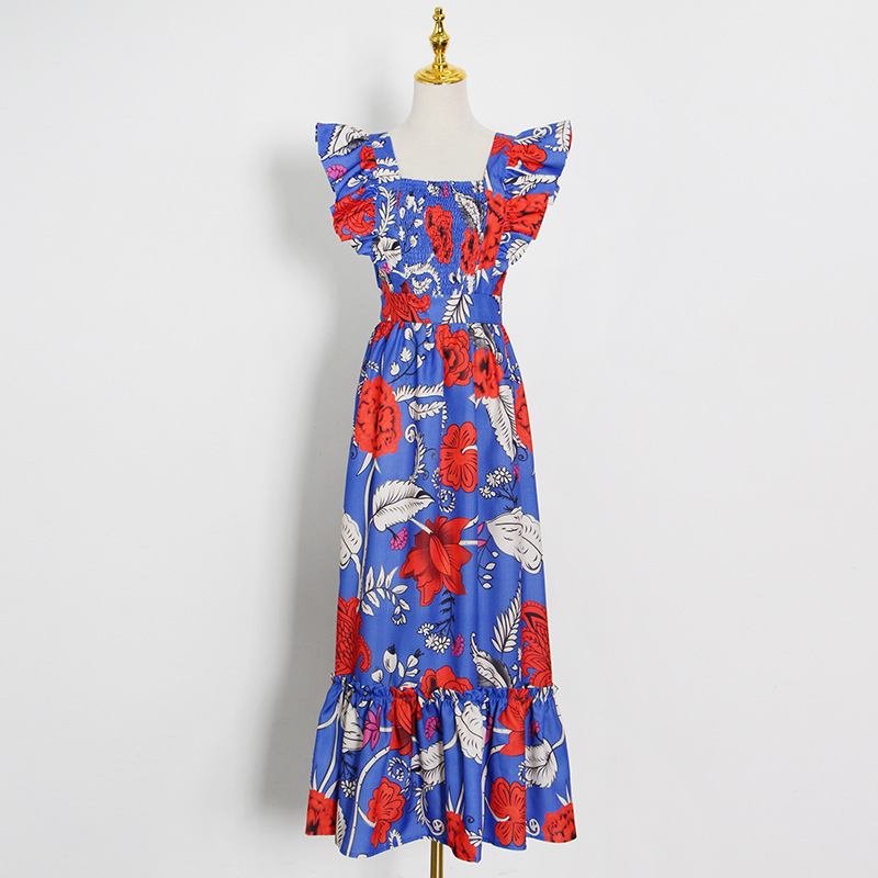 Summer Print Printing And Dyeing Waist Square Collar  Back Big Swing Dress