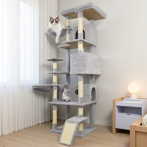 84.6 In Light Gray Cat Tree Tower With Wide Base, 3 Large Hinding Condo, 11 Sisal Scratching Post, Sisal Scratching Ladder, 2 Hammocks, Large Top P...