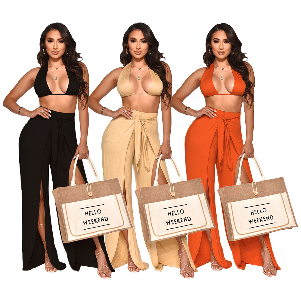 Women's Solid Color Halter Neck Split Summer Suit