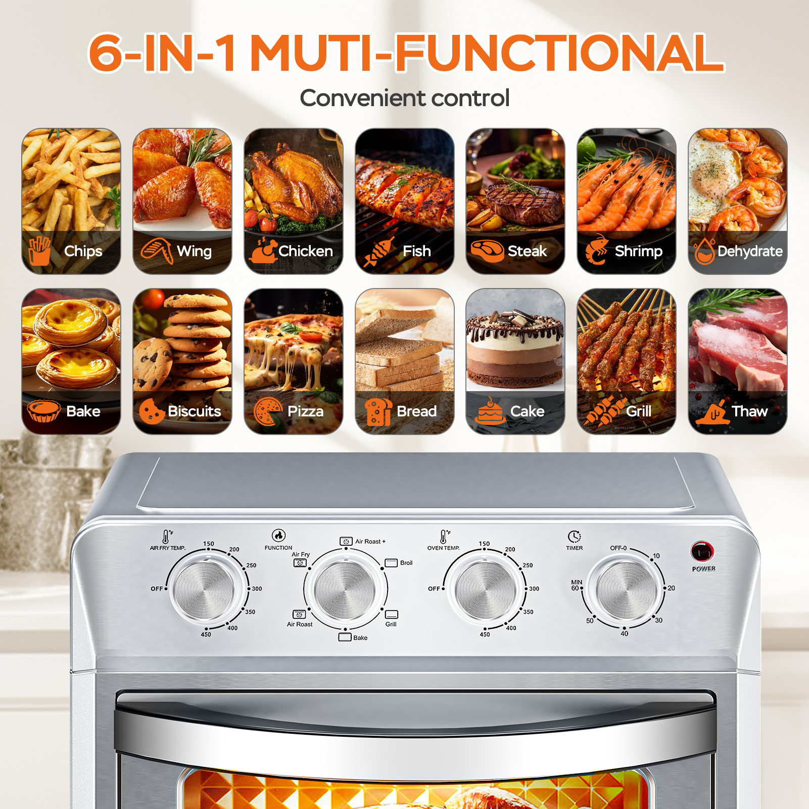 27.5QT 6-in-1 Air Fryer Toaster Oven, 6-Slice, Countertop Convection Oven, Air Frying, Baking, Roasting, Broiling & Grilling, 1600W, Sliver, Amazon Resale Prohibited — foto 5