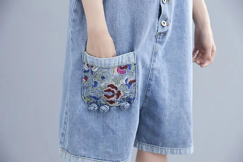 Fat Mm Artistic Style Embroidered Denim Suspenders