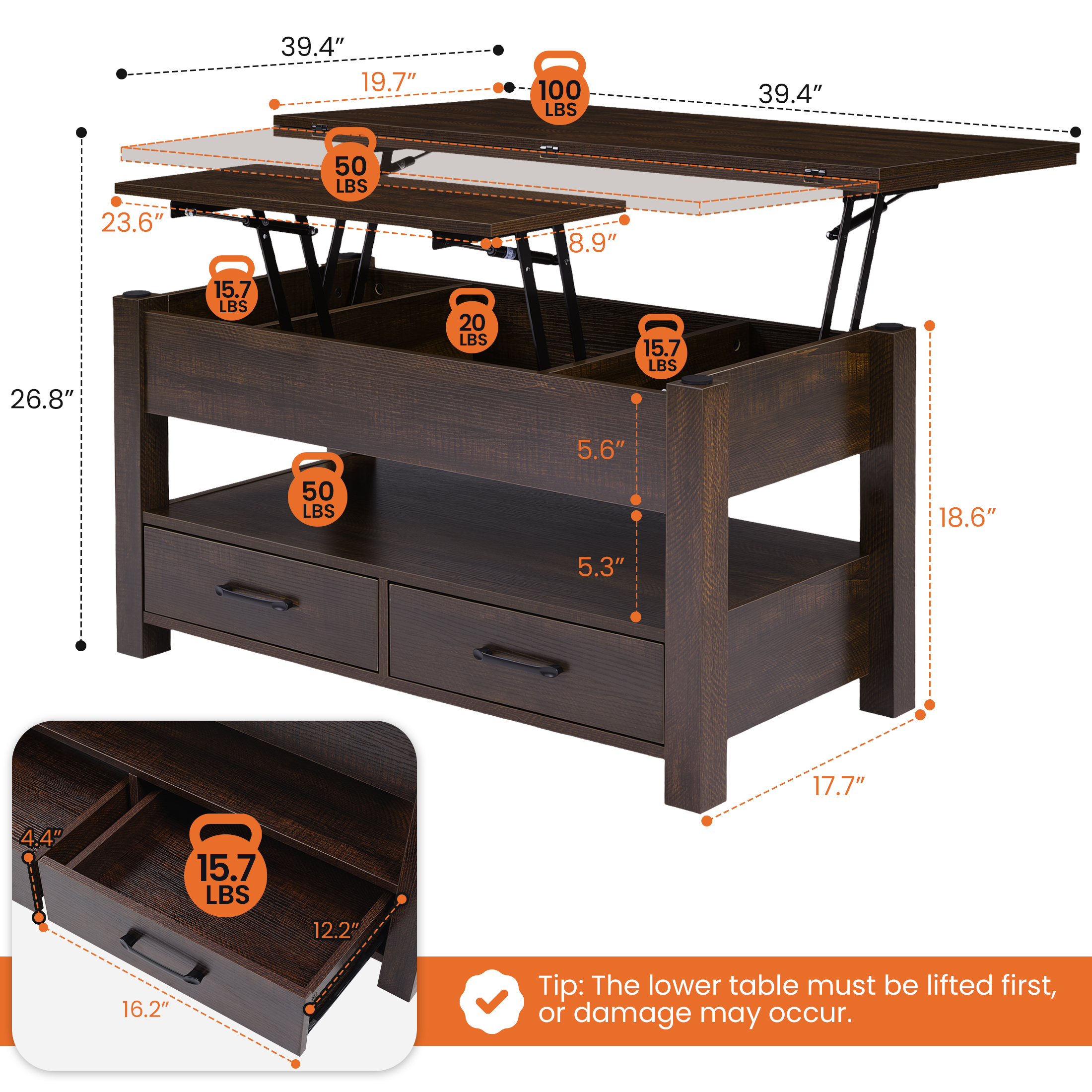 Lift Top Coffee Table, Convertible Design With Drawers And Hidden Storage, For Living Room image 9