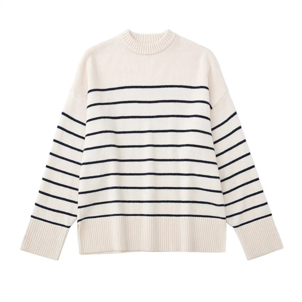 Women's Street Fashion Urban Casual Striped Knit Sweater - White