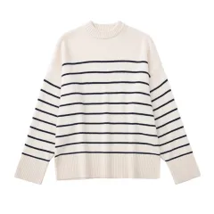 Women's Street Fashion Urban Casual Striped Knit Sweater - White - View 1