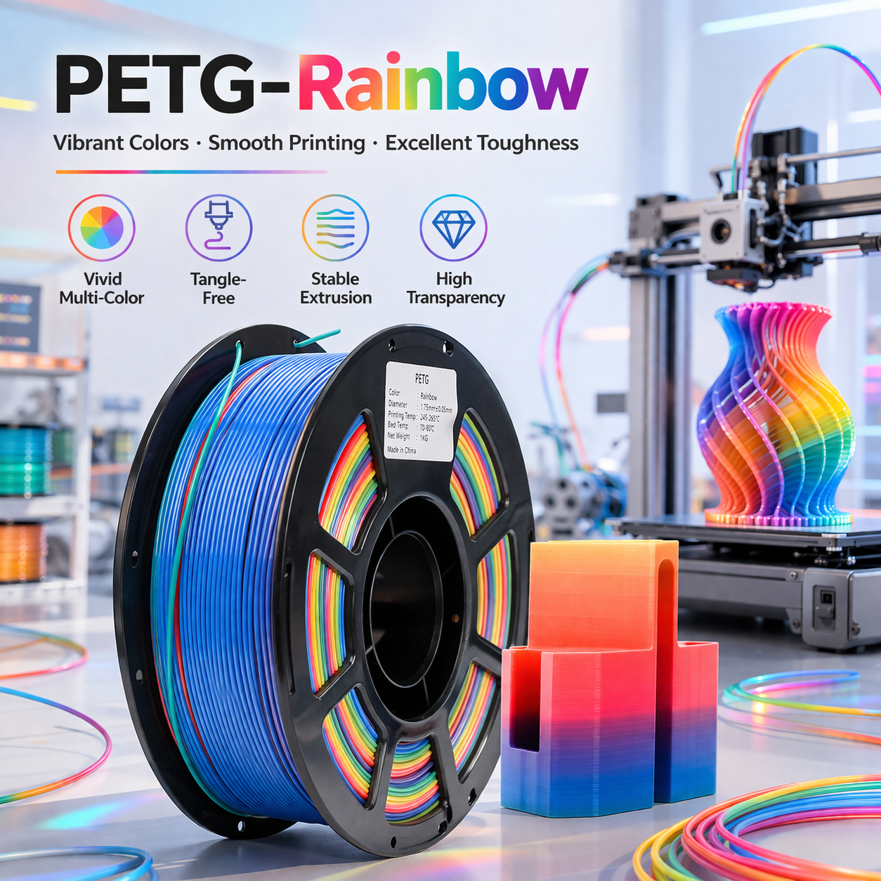 Rainbow Gradient PETG Filament For 3D Printers, Multicolor Color Changing Printing Material, Compatible With Most FDM Printers