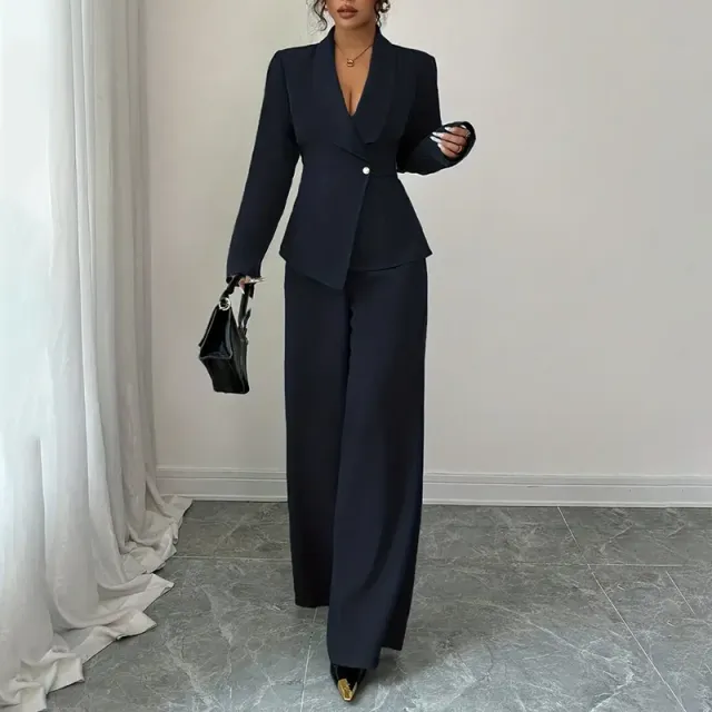 Women's 2 Piece Pants Suit, Long Sleeve Blazer & Straight Pant Casual Office Set Blue - Shop at LoveMi