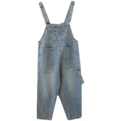 Washed Suspender Loose Denim Overalls - Blue - View 1