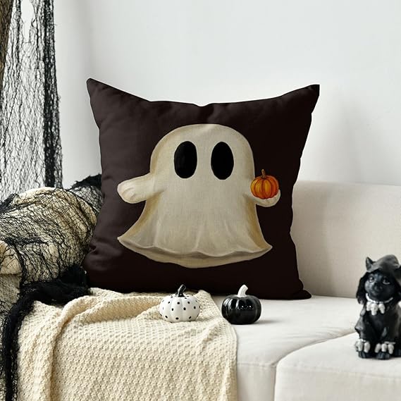 Title 1, Ghost Pumpkin Halloween Black Throw Pillow Cove...