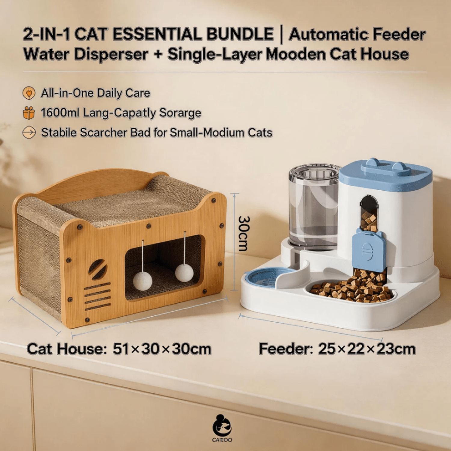 Cat Furniture Combo Set, 3 Style Multi Size Wooden Cat Scratcher House And 2 In One Blue White Automatic Feeder Water Dispenser 1600ml Food 800ml Water, All In One Feed Drink Rest Play Kit view 2