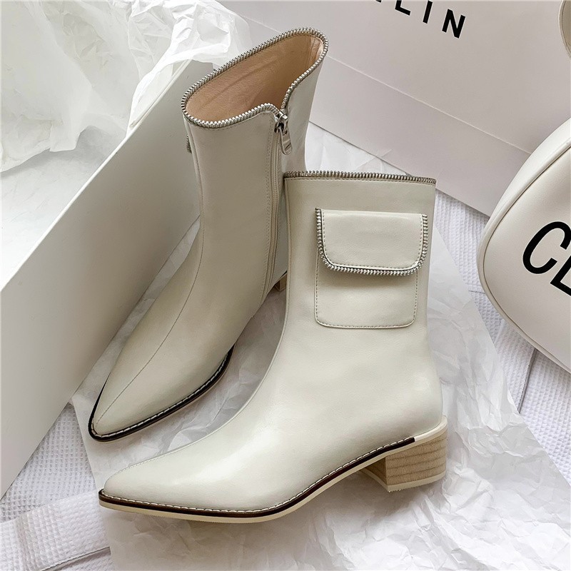 Pointed Thick Heel Fashion Zipper Bag Short Boots Casual Retro Martin Boots Single Boots White - Shop at LoveMi