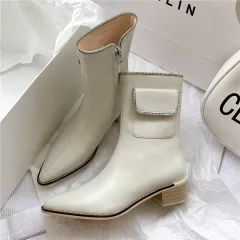 Pointed Thick Heel Fashion Zipper Bag Short Boots Casual Retro Martin Boots Single Boots - White - View 1