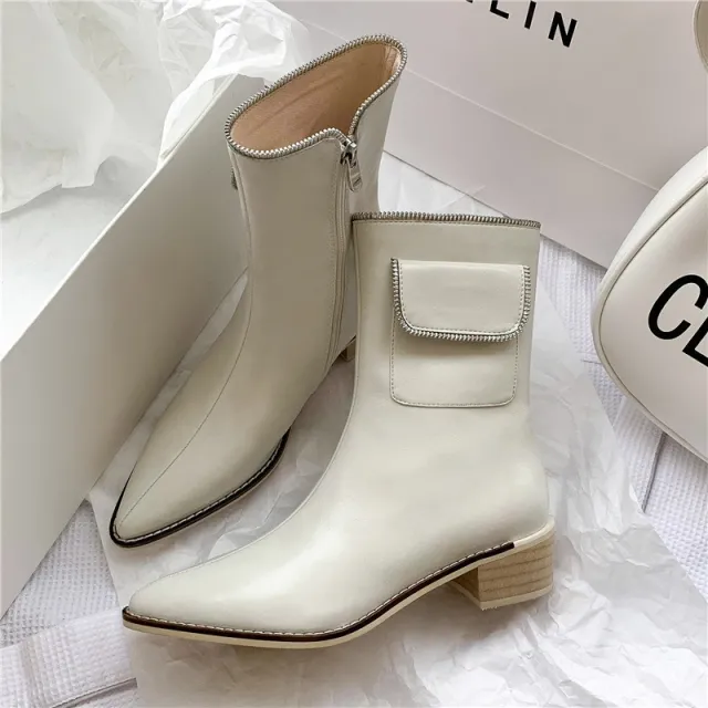 Pointed Thick Heel Fashion Zipper Bag Short Boots Casual Retro Martin Boots Single Boots White - Shop at LoveMi