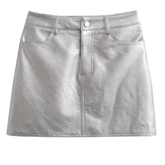 Slim European Style High Waist Pu Skirt - Silver - View 1