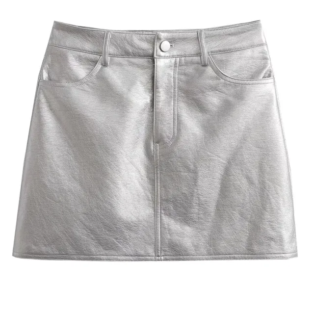Slim European Style High Waist Pu Skirt Silver - Shop at LoveMi
