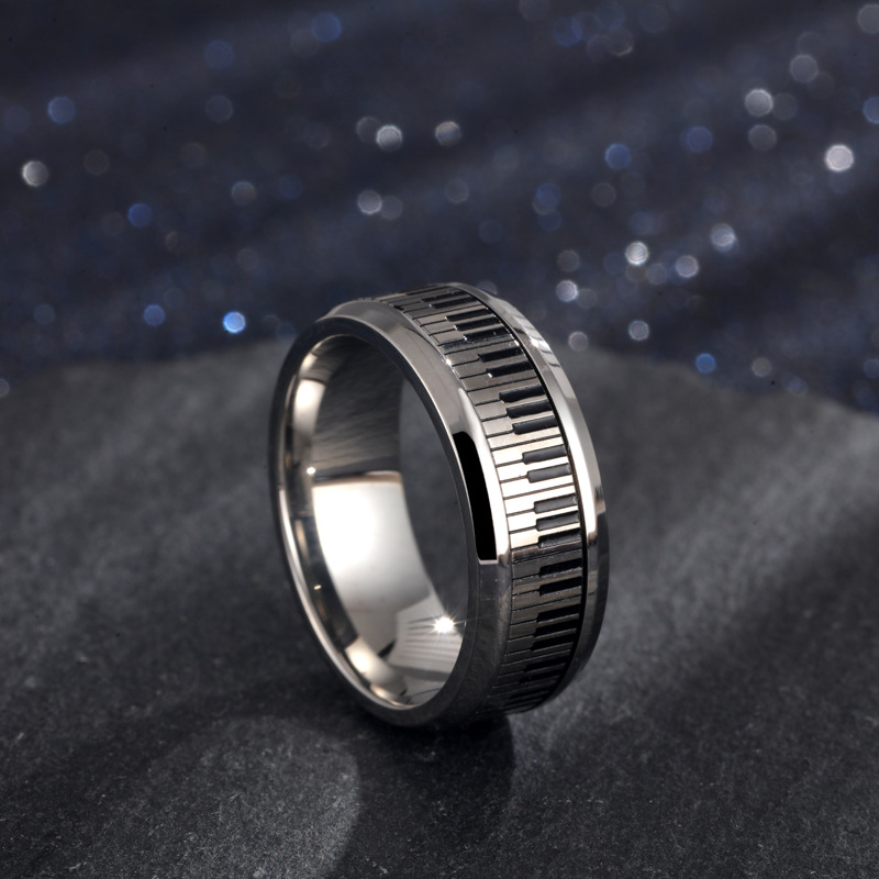 Stainless Steel Silver Piano Key Rotatable Ring Steel Black Art Men's Ring