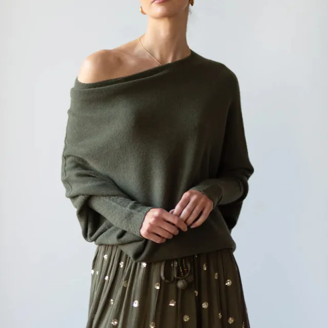 Solid Off shoulder Batwing Sleeve Sweater Fashion Round Neck Temperament Pullover Top Womens Clothing Army Green - Shop at LoveMi