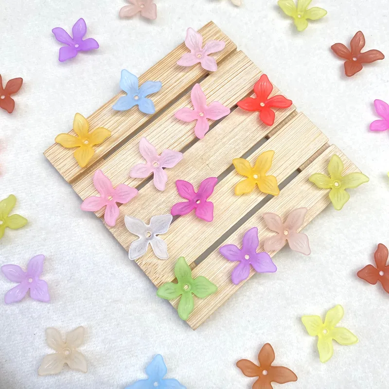 Frosted 4-Petal Acrylic Flower Beads, Cross-Shaped Veined