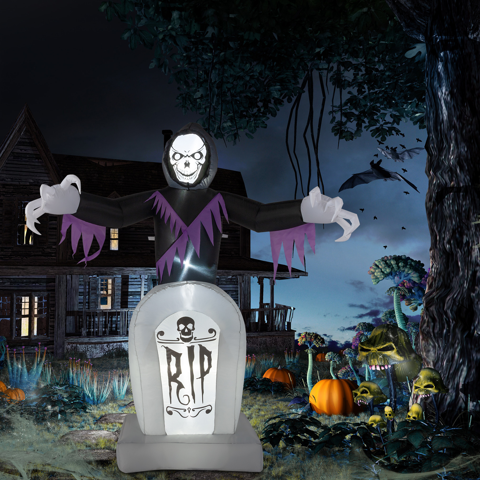 6ft Garden 3pcs LED String Lights Grim Reaper And Grave Inflatable Halloween Decoration product image