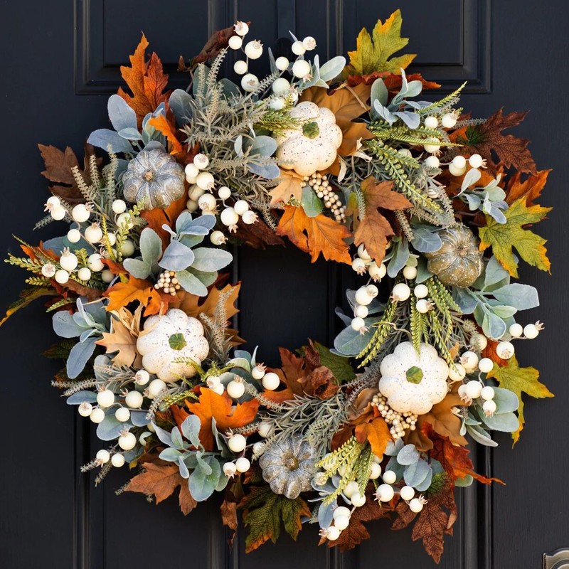 45CM Artificial Wreath Garland Fall Maple Leaf Pumpkin Door