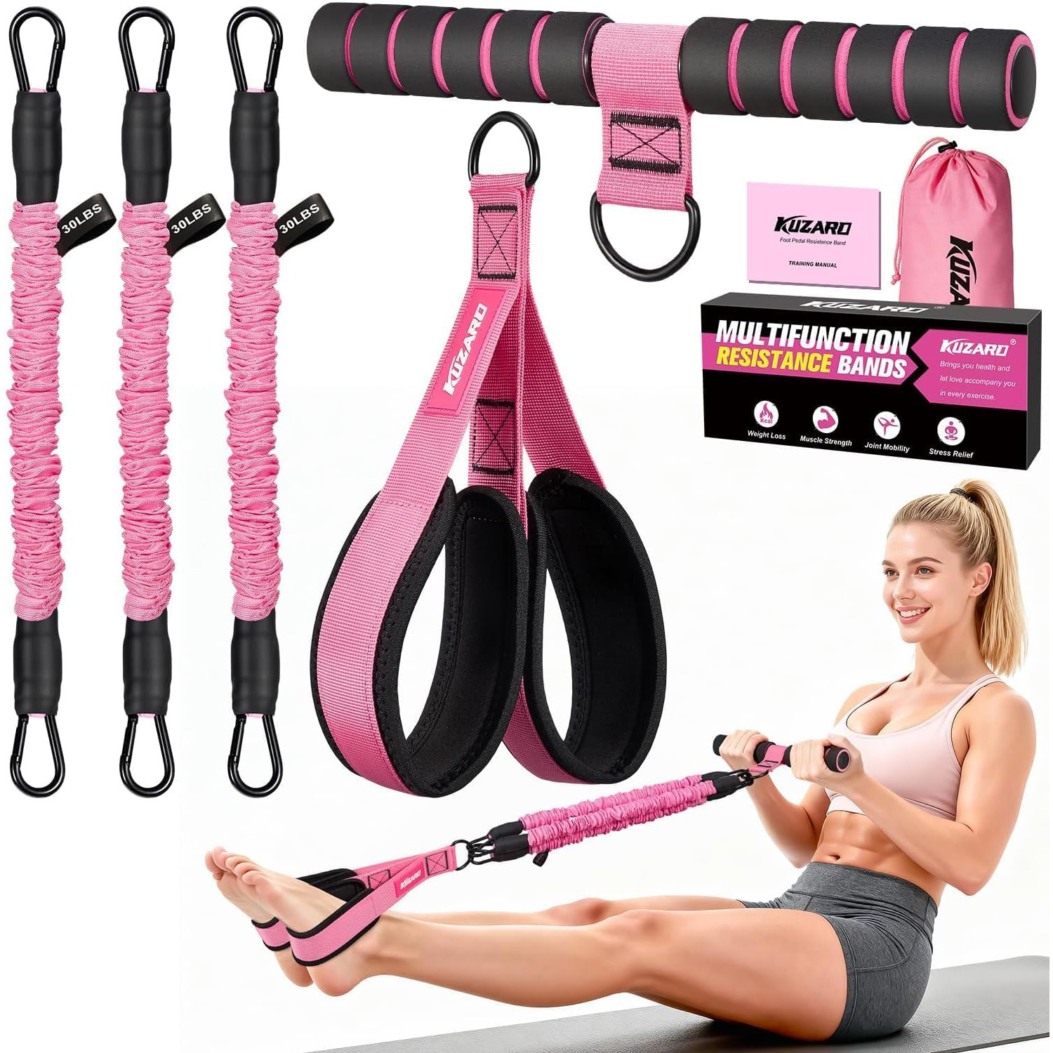 3 Tube Sit Up Resistance Bands With Handles & Foot Pedals, Adjustable Abdominal Exercise Equipment, Multifunctional Resistance Trainer For Abs, Waist, Arms & Leg Workout For Women — foto 3