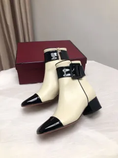 Women's Buckle Side Zipper Color Matching Cowhide Ankle Boots - Beige - View 1