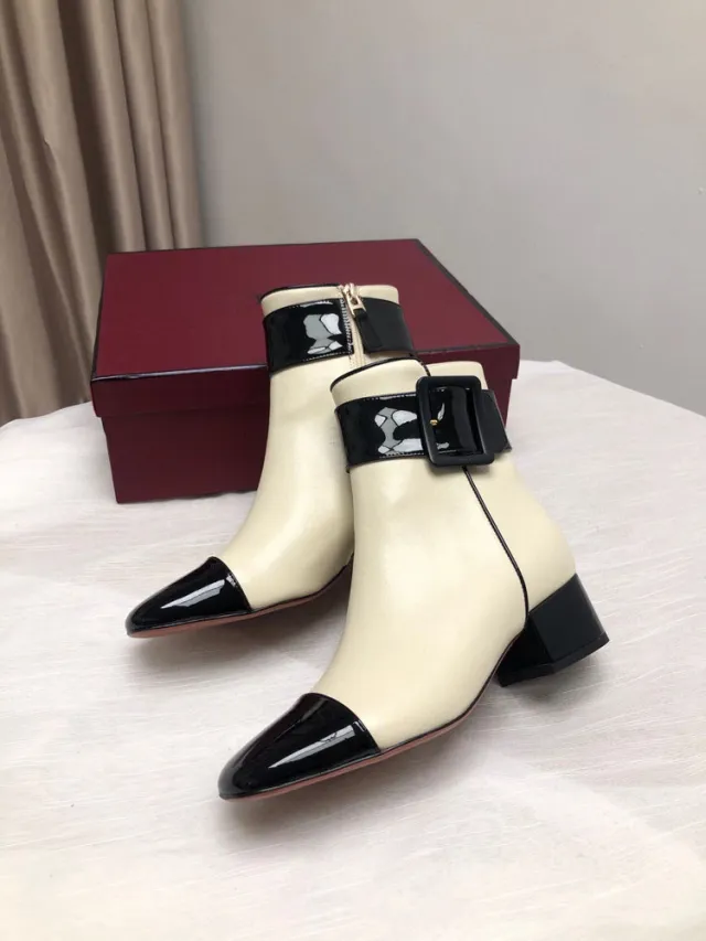 Women's Buckle Side Zipper Color Matching Cowhide Ankle Boots Beige - Shop at LoveMi