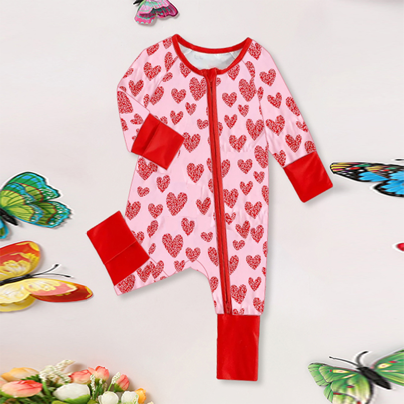 Baby Girl's Casual Romper, Heart Print Round Neck Long Sleeve Zip-Up Playsuit For Outdoor Wear