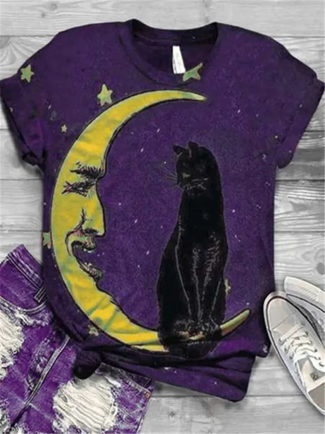 Moon Cat Print Comfortable Round Neck Short Sleeves 4 Style - Shop at LoveMi