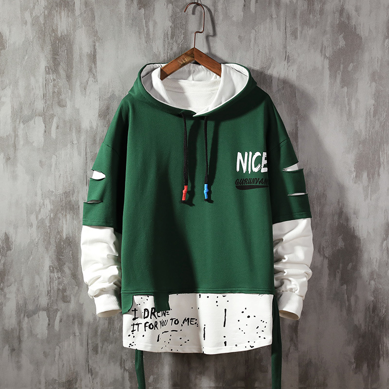 Title 1, Fake Two-Piece Hooded Pullover Long-Sleeved Swe...