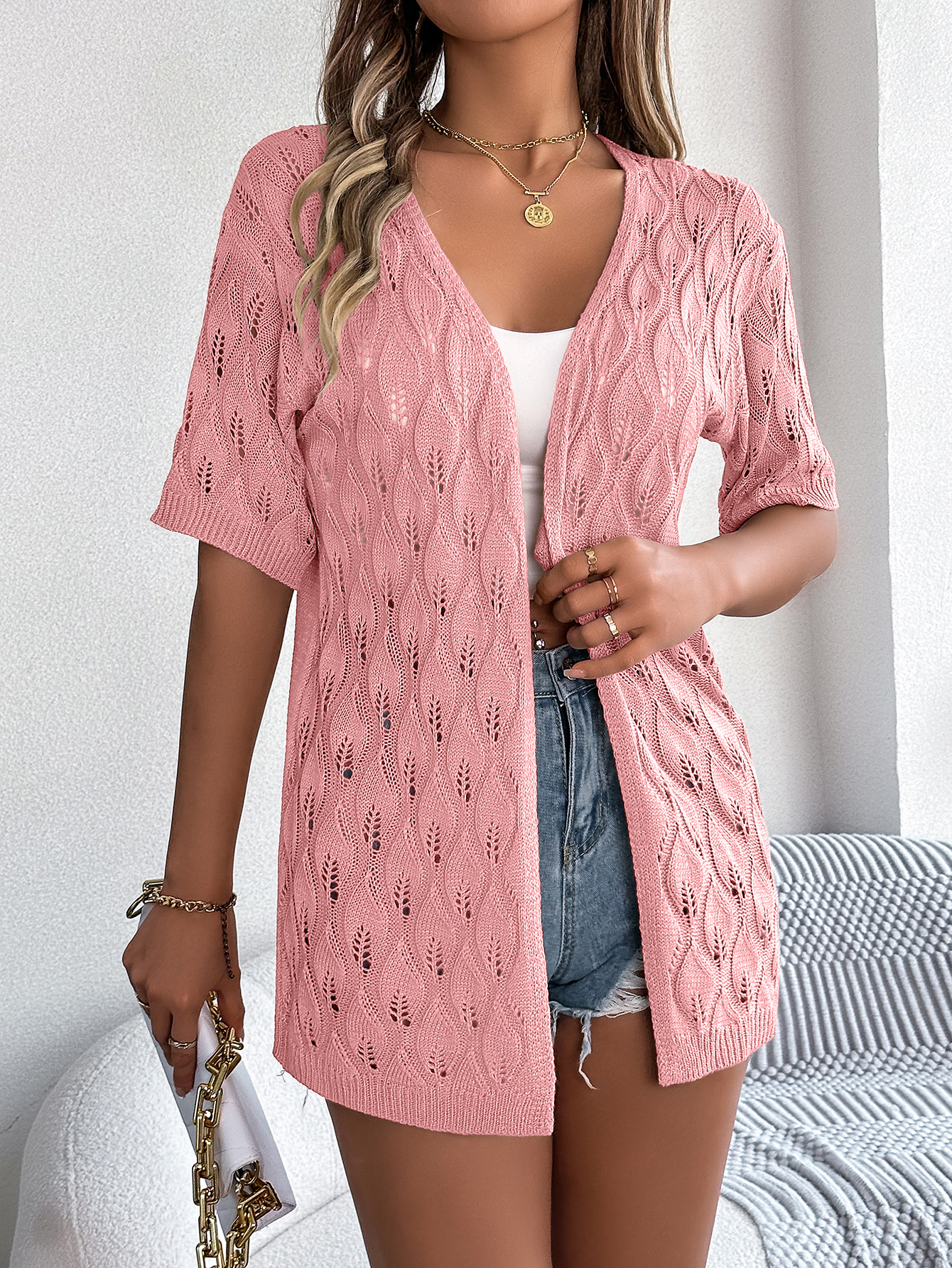 Women S Leaf Hollow Out Short Sleeve Knit Cardigan Vacation Cover Up thumbnail 2
