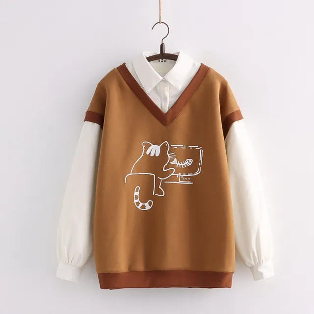 Printed Long sleeved Shirt Collar And Cashmere Sweater Khaki - Shop at LoveMi