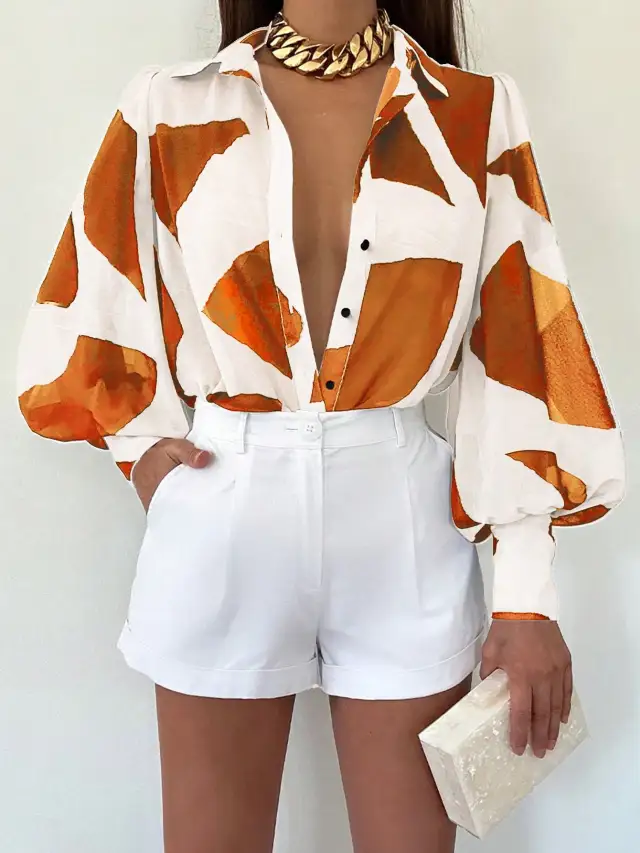 Women's Long Sleeve Allover Print Blouse With Shirt Collar, Casual Everyday Orange - Shop at LoveMi