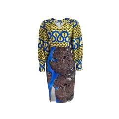 Women's Elegant Commuter Print V-Neck Hip Dress - Yellow Blue - View 1