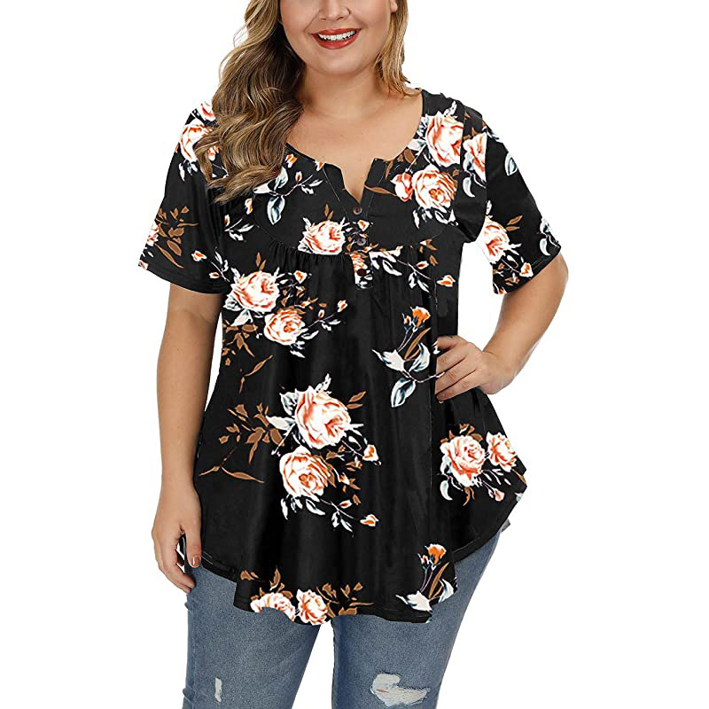 Title 5, New Ladies V-Neck Button Plus Size Printed Shor...