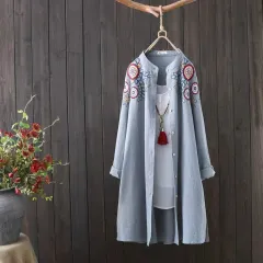 Ladies Embroidered Cotton Linen Art Pullover Mid Length Loose Shirt - Smoke Blue - View 1