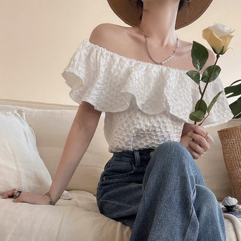 French High-end Sense Of Ruffled One-shoulder Top Summer Short Sleeves