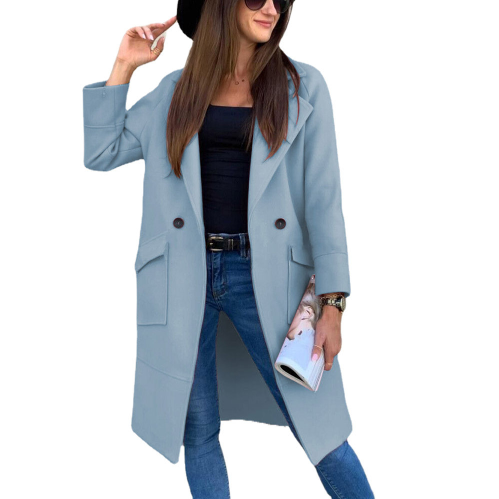Autumn And Winter Solid Color Long sleeved Suit Collar Button Pocket Wool Coat Blue - Shop at LoveMi