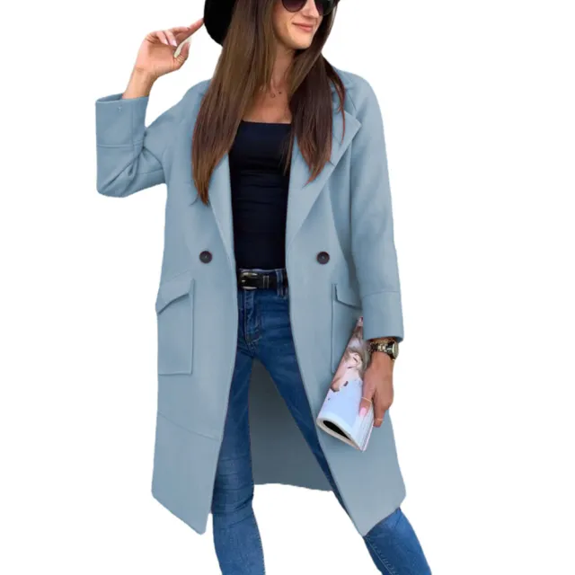Autumn And Winter Solid Color Long sleeved Suit Collar Button Pocket Wool Coat Sky Blue - Shop at LoveMi