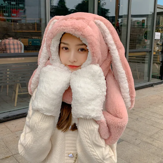 Women's Fashion Cute Rabbit Ears Plush Hat Scarf Gloves One Three Pieces Set Pink - Shop at LoveMi