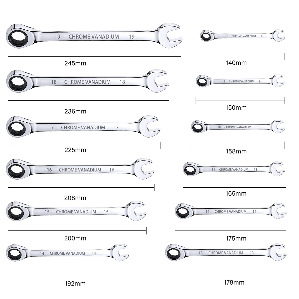 12PCS 72 Tooth Ratchet Spanner Set 8-19MM Fixed Head Combination Wrench Set Tool