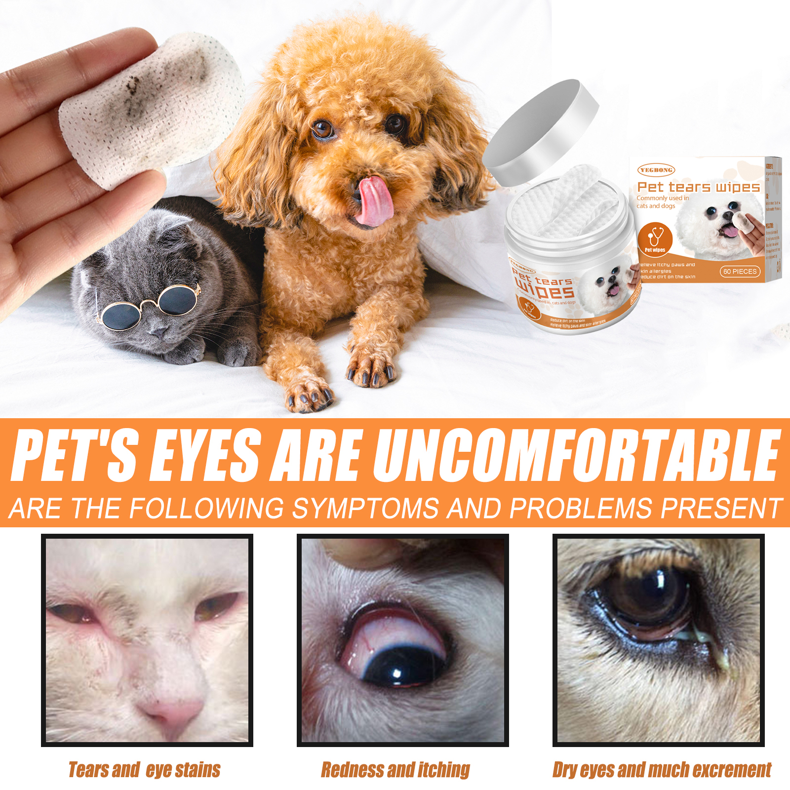 Pet Tear Stain Wipes For Dogs & Cats, Natural Aloe & Chamomile Extract Gentle Eye Cleaning Wipes, Hypoallergenic Non-Irritating 60 Count 5