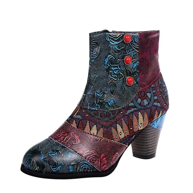 Print Ankle Boots Chunky Mid Heel Boots Women Side Zipper Shoes Green - Shop at LoveMi