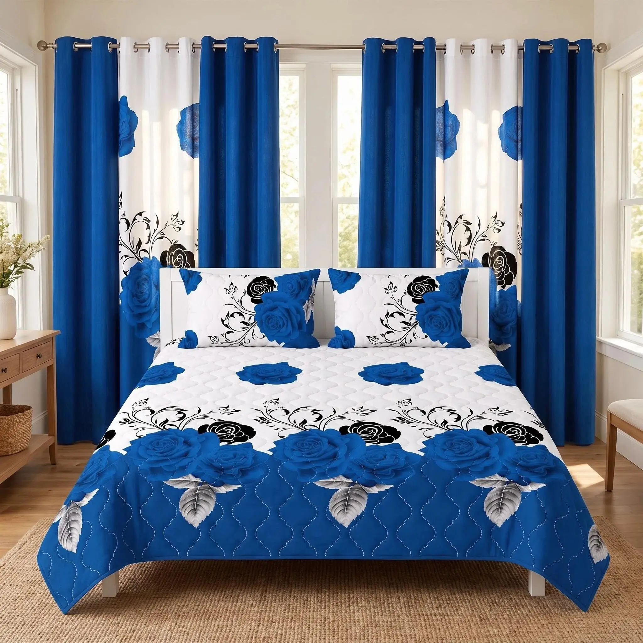 9-Piece Blue Rose Quilted Bedspread Set
