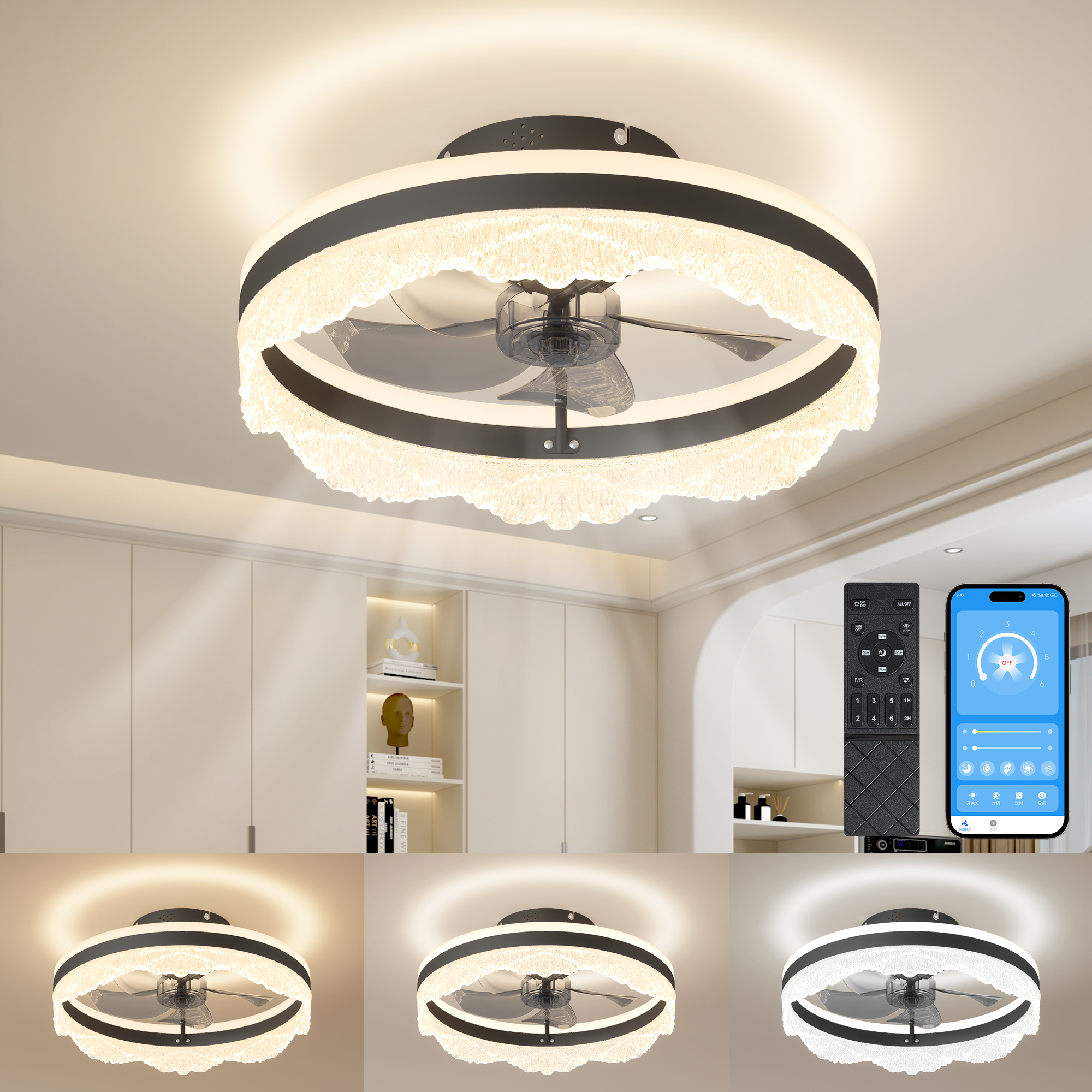 16 Quiet Ceiling Fan With Light LED Crystal Flush Mount Fan Lamp With Hidden Blades And Natural Airflow, Perfect For Bedroom, Kids Room, Study Room