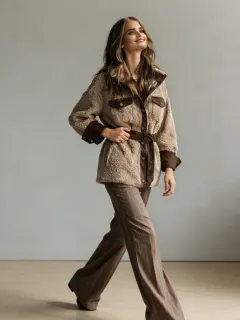 New Style Women's Autumn And Winter Clothing, New Style Women's Thickened Lamb Fur Stitching PU Leather Pocket Leather Belt Vintage Jacket - View 1