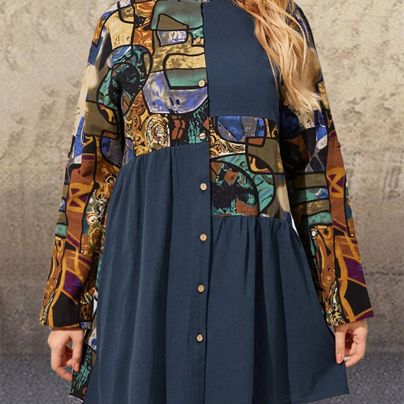 Women's Stand Collar Single Breasted Printed Long Sleeve Shirt